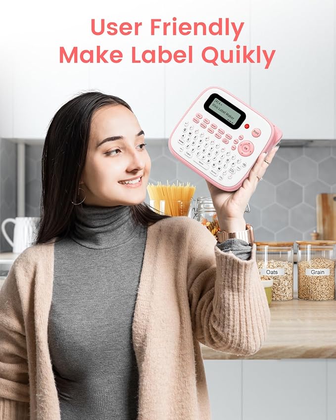 Pink Label Maker, D210S Label Maker with Tapes Waterproof, Handheld Label Makers Labeler Includes USB-C for Power, Easy-to-Read Screen, Multiple Fonts Icons Frames for Home Office Organization