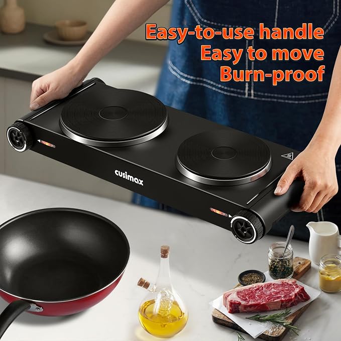CUSIMAX Electric Hot Plate,Portable Double Hot Plate For Cooking,1800w Electric Stove Temperature Controls,Cast Iron Cooktop,Suitable For All Cookware,Easy To Use Handle,Black Stainless Steel