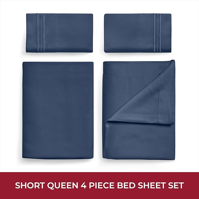 Mellanni RV Short Queen Sheets - 4 PC Iconic Collection Bedding - Hotel Luxury, Extra Soft, Cooling Bed Sheets - Deep Pocket up to 10 inch (RV/Short Queen, Navy Blue)