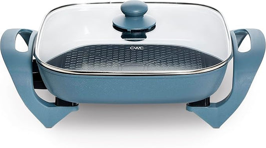 COOK WITH COLOR Electric Skillet - 12" x 12" Ceramic Nonstick Pan, PFAS-Free, 1400W, Tempered Glass Lid, Variable Temperature, Removable Heating Probe, Cool-Touch Handles, Slate Blue