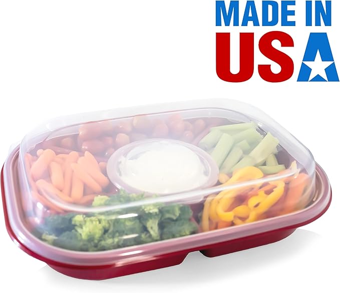Buddeez Red Jumbo Divided Serving Tray - 6 Bins for Party Platter with Lid, Snackle Box Container, Appetizers, Desserts, Snacks & More