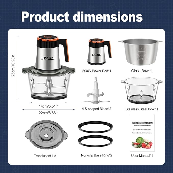 Food Processor, 5-Speed Electric Food Chopper with Vegetable Chopper & Meat Grinder - 2 Bowls (8 Cup Stainless Steel+8 Cup Glass), 300W, 2 Sets of 4 Bi-Level Blades for Vegetable/Fruits/Meat