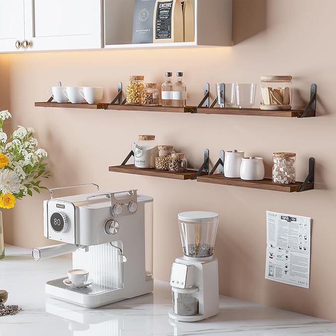 YGEOMER 16.5 Inch Floating Shelves for Wall, Farmhouse Wall Shelves for Bedroom, Bathroom Storage, Living Room and Kitchen Decor (Set of 6 Dark Carbonized Pine)