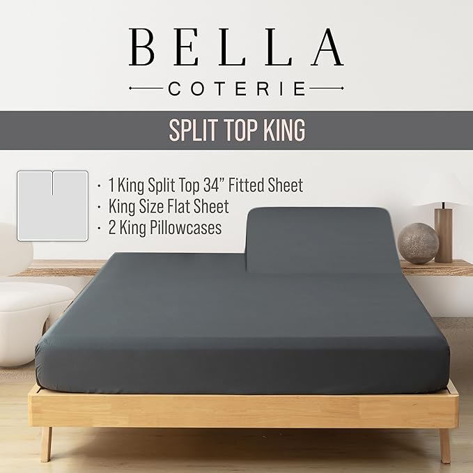 Bella Coterie Luxury Bamboo Viscose Split Top King Size Sheet Set | 100% Organically Grown | Ultra Soft | 34" Split | Cooling for Hot Sleepers | 18" Deep Pocket [Charcoal Grey]