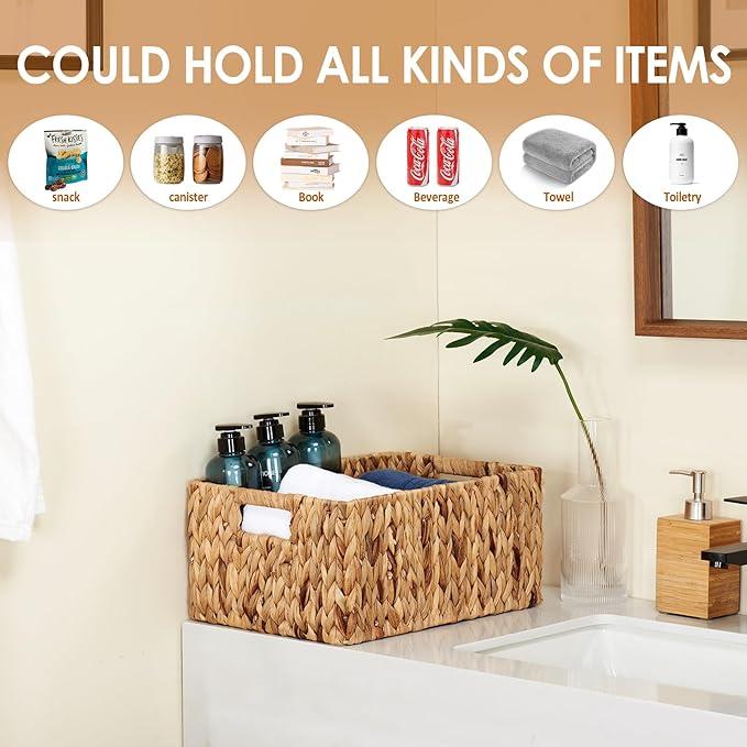 Wicker Baskets 2 Pack, Water Hyacinth Rectangular Storage Basket with Handles, Large for Organizing, Natural