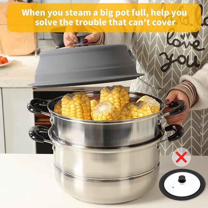 Collapsible Microwave Splatter Lid with Vented Tempered Glass Cover Wok Lid for Microwave Safe, Stockpot Steamer Pot Pan 11-12.5 inch Universal Multifunction Silicone Cover