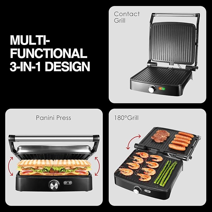 OSTBA Panini Press Grill with Adjustable Temperature,4-Slice Indoor Grill, 180° Open Sandwich Maker with Drip Tray, Non-Stick Plates, Stainless Steel, 1200W