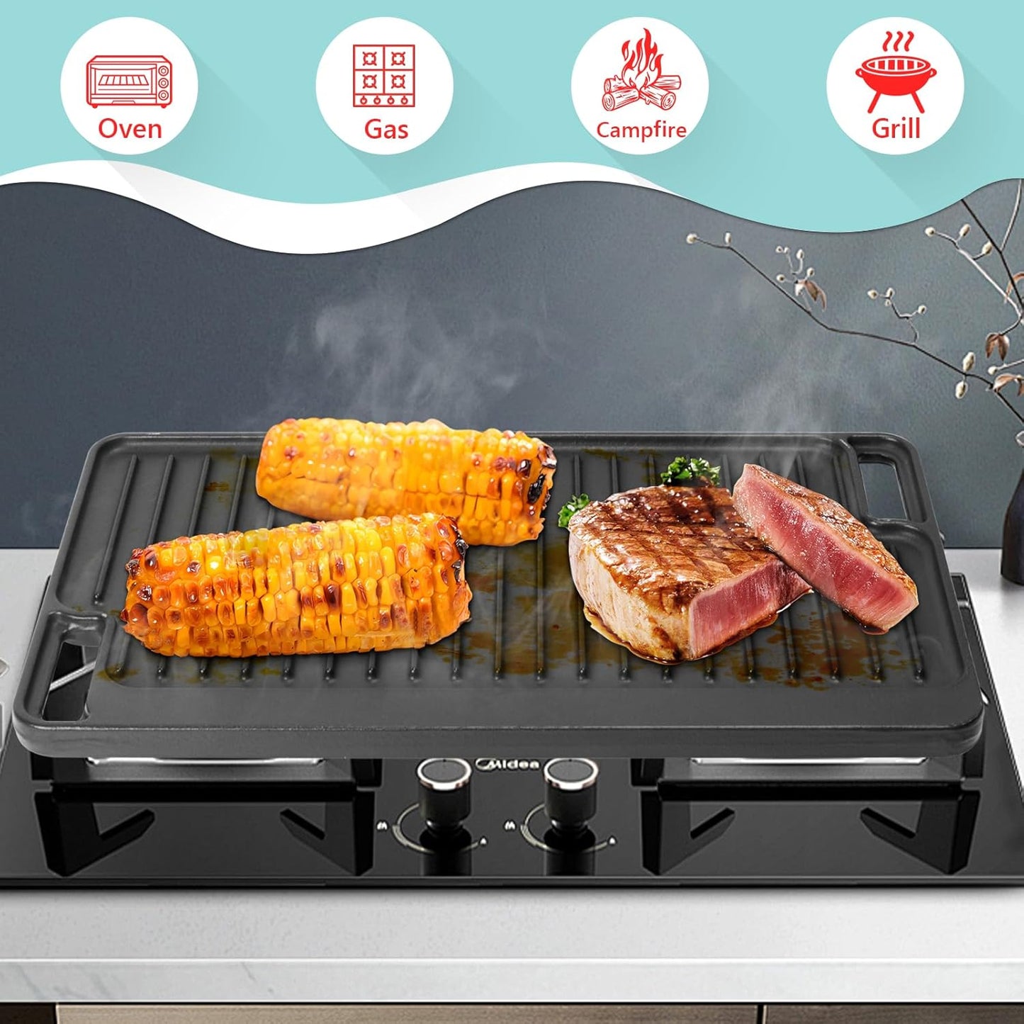 16.75" X 9.5" Reversible Cast Iron Griddle for Gas Grill, Flat Griddle Pan for Gas Stove, Pre-Seasoned Oven Top Grill pan,Upgrade Double Burner Griddle for Indoor & Outdoor Cooking Accessories