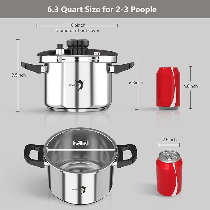 TIBORANG 6.3 QT Stainless Steel Pressure Cooker, [Multi-Cooker for Gas & Induction Stove] [Saves 70% Cooking Time] [One-Hand Operation], Family Size for 2-3 People, Olla de Presion
