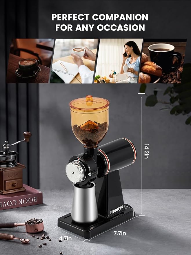 Huanyu Stainless Steel Coffee Grinder Electric with 8 Grinding Settings Flat Burr Coffee Grinder Adjustable Burr Coffee Grinders for Home Use Black