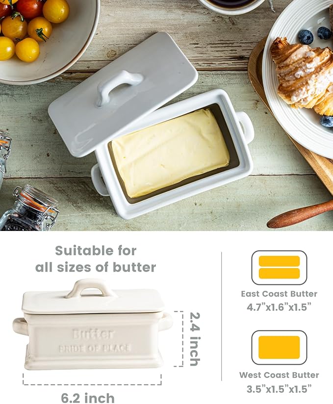 Butter Dish with Lid, Ceramic Butter Dish for Countertop Butter Holder Container Large Butter Keeper for East West Coast Butter, White