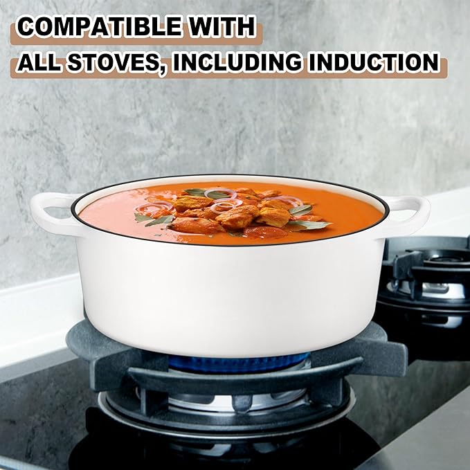 E-far 7QT Oval Dutch Oven Pot with Lid, Enameled Cast Iron Dutch Oven with Dual Handles for Sourdough Bread Baking Cooking, Nonstick Enamel Coated Cookware(White), Non-Toxic & Easy Clean