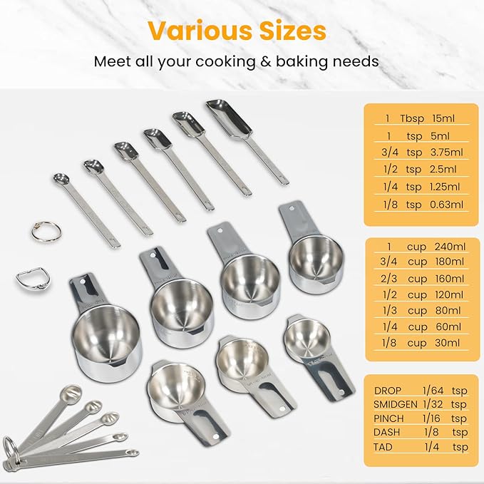 18PCS Measuring Cups and Spoons Set, Includes 7 Stainless Steel Nesting Cups, 6 Rectangular & 5 Mini Measuring Spoons Fits Narrow Jars, Kitchen Gadgets for Cooking & Baking