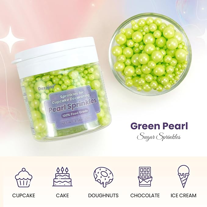 Dazzjoy Edible Green Pearl Sprinkles, Mix Size, 130g/4.58oz, Cupcake Toppers, Cake Decorations, Ice Cream, Easter, Wedding Party Valentines Easter Supplies