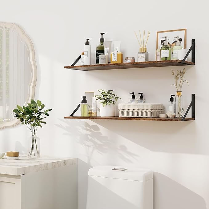 Heimlove Deep Floating Shelves for Wall, 30W x 8D Wood Wall Shelves Set of 2, Wide Floating Bookshelf for Living Room, Kitchen, Office, Bedroom and Decor Storage, with Metal Bracket - Rustic Brown