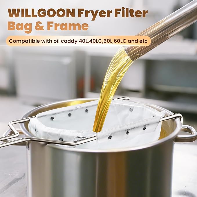 Fryer Filter Bag & Frame Set, Reusable Oil Strainer for 70 lb Cooking Oil, Fine Mesh to Capture Crumbs, Durable for Home & Commercial Use, with 1 Professional Food Thermometer