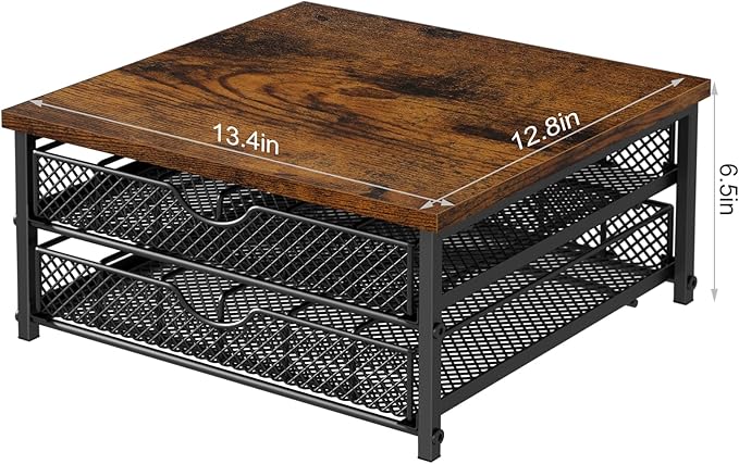 Coffee Pod Drawer K Cups Organizer 2-Tier Coffee Pod Storage Holder with Drawer Baskets 72 Capacity Coffee Capsule Storage Organizer Drawer, Industrial Brown and Black
