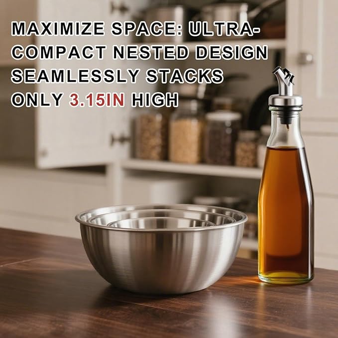 Stainless Steel Mixing Bowls, Three nested Large Mixing Bowls Stainless Steel with scale Perfect for Your Kitchen Needs Like Cooking,Baking, and Making Salads