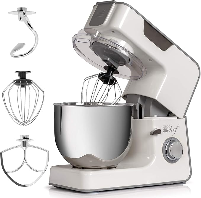 Deco Chef 5.5 QT Kitchen Stand Mixer, 550W 8-Speed Motor with Pulse Functionality, includes Dough Hook, Flat Beater, Wire Whip, Stainless Steel Mixing Bowl, and Transparent Splash Guard