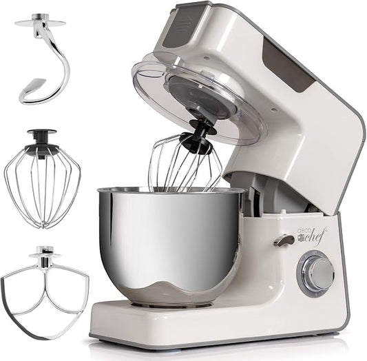 Deco Chef 5.5 QT Kitchen Stand Mixer, 550W 8-Speed Motor with Pulse Functionality, includes Dough Hook, Flat Beater, Wire Whip, Stainless Steel Mixing Bowl, and Transparent Splash Guard