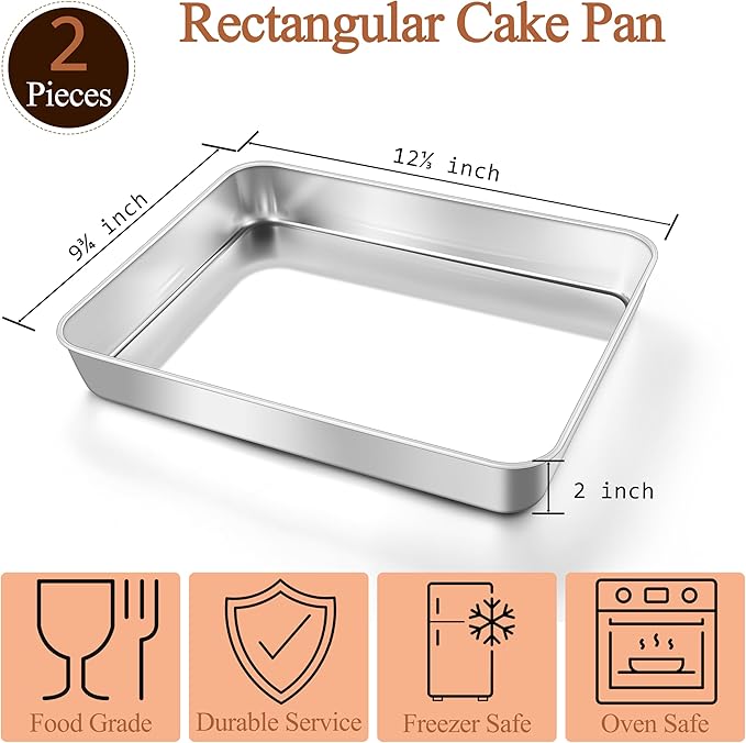 LIANYU Baking Pan Set of 2, 12⅓ x 9¾ x 2 Inch Cake Lasagna Brownies Casseroles Pan, Rectangle Stainless Steel Bakeware Set for Baking Roasting Toaster Oven, Dishwasher Safe