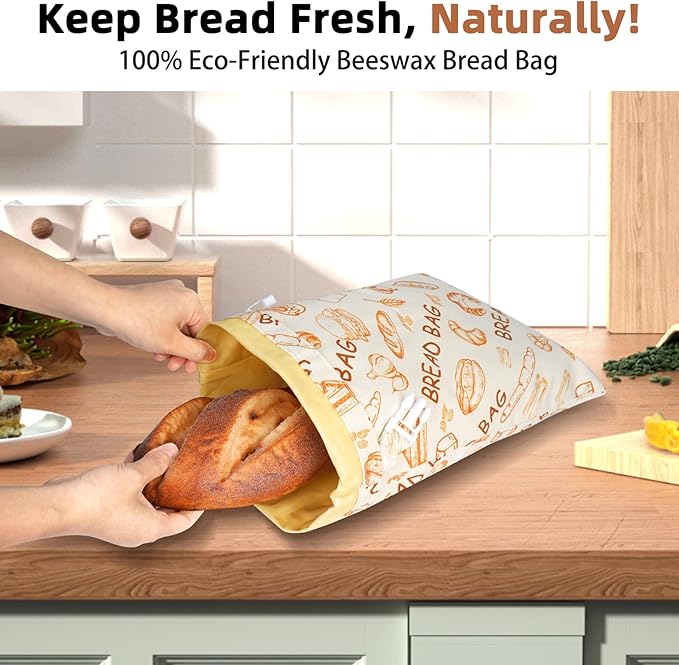 2 Pack Beeswax Bread Bags - Large Reusable Cotton Linen Food Storage Covers for Sourdough & Homemade Bread, Waxed Bags Keep Bread Fresh, Proofing Bag Freezer-Safe, Easy Clean