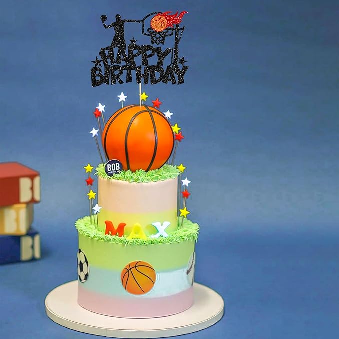 1Pc Basketball Happy Birthday Cake Topper Glitter Basketball Sports Theme Birthday Cake Pick for Theme Baby Shower Birthday Party Cake Decorations Supplies