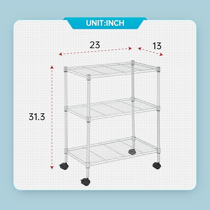 FDW 3 Tier Wire Shelving Metal Storage Shelves 23L x 13W x 32H Layer Storage Shelves with Wheels for Kitchen Garage Small Places,Chrome