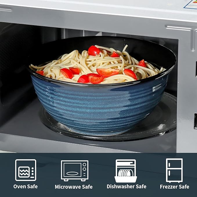 MEKY Ceramic Mixing Bowls Set of 2, 84OZ Large Nesting Salad Bowls - Perfect for Cooking, Baking, Soup, Pasta, Fruit and Popcorn, Deep Bowls Ideal for Microwave and Dishwasher Safe (Blue)