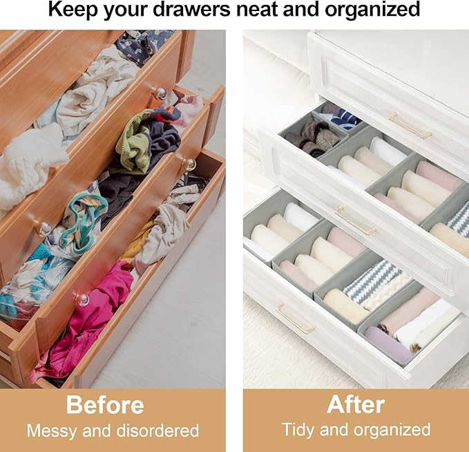 Set of 12 Drawer Organizer, Fabric Closet Organizer and Storage Baskets,Foldable Drawer Divider for Clothing,Sock,Ties,Underwear Drawer Organizers,Set of Cabinet Storage Boxes (Gray)