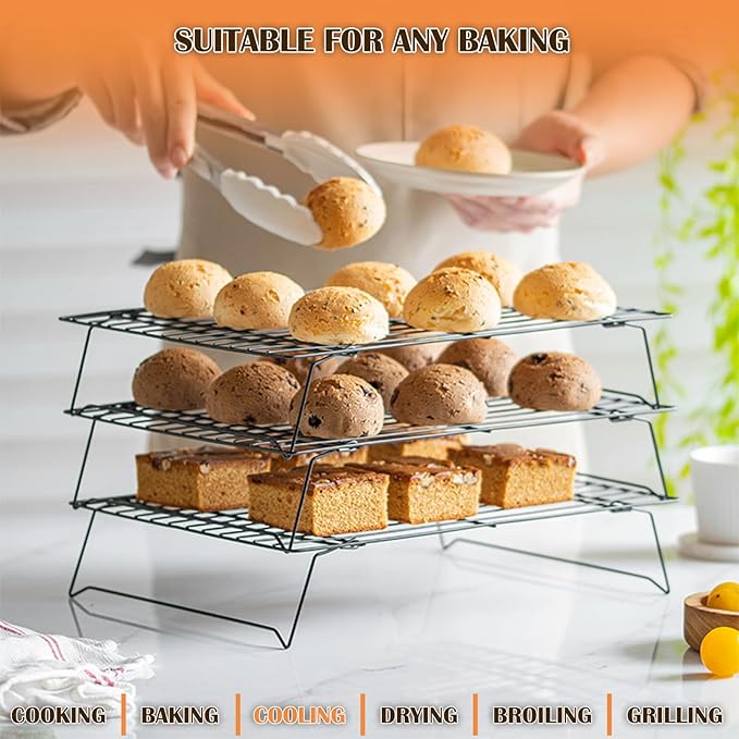 3-Tier Cooling Racks for Cooking and Baking - 13" x 9.6" Stackable Heavy Duty Stainless Steel Wire Rack for Baking, Grilling, Roasting - Oven & Dishwasher Safe - Black