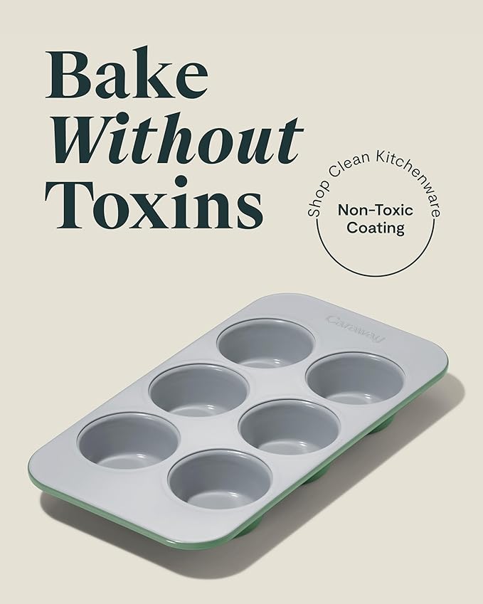 Caraway Nonstick Ceramic 6 Cup Muffin Pan – Non-Toxic, PTFE & PFOA Free – Oven Safe – Aluminized Steel Core – Small Muffin Pan for Baking Cupcakes, Muffins & More - Sage