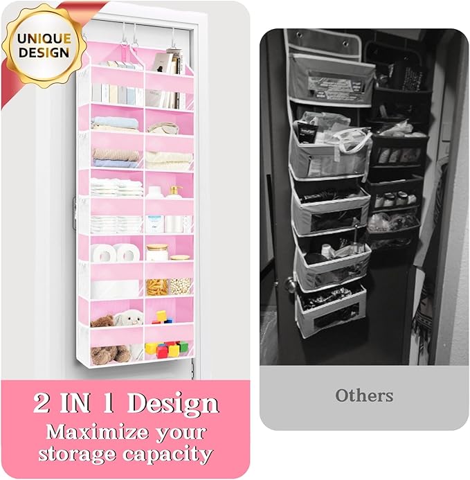 Pink Over The Door Organizer 5 Tiers, Extra Large Behind Door Storage of 10 Compartments, 50 lbs Weight Capacity Over The Door Storage for Closet, Diaper Organizer