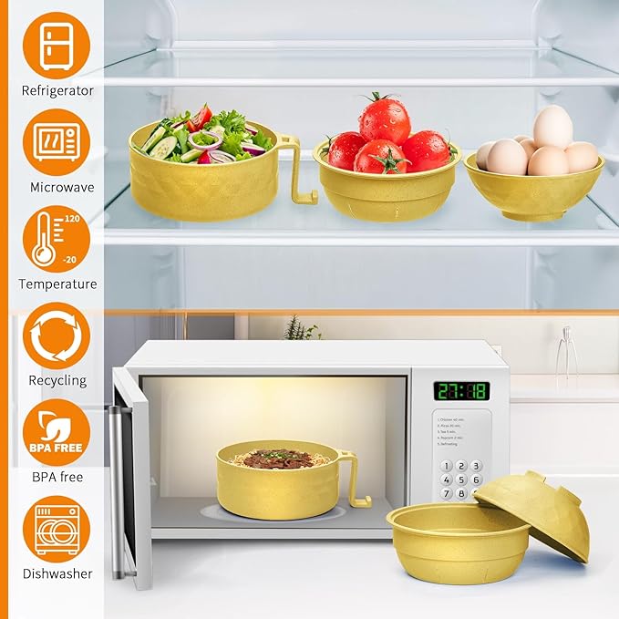 2 Sets Microwave Ramen Cooker,33 oz Ramen Bowl Set,Microwave Noodle Bowl,Ramen Bowl With Chopsticks and Spoon, College Dorm Room Essentials, Apartment Essentials, BPA-Free (blue yellow)