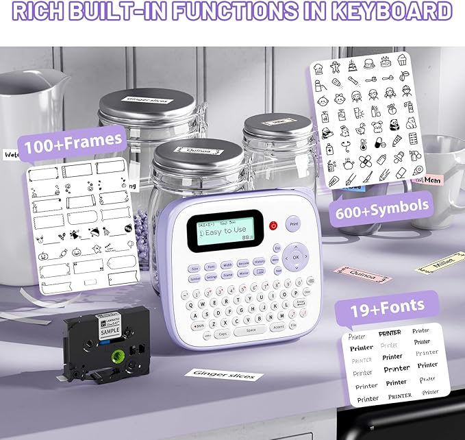 Label Maker Machine with-Tape Waterproof, Purple Desktop Label Maker for Teachers Kids Classroom, Portable Labeler with Multiple Symbols &Fonts for Home Office School Use, D210S