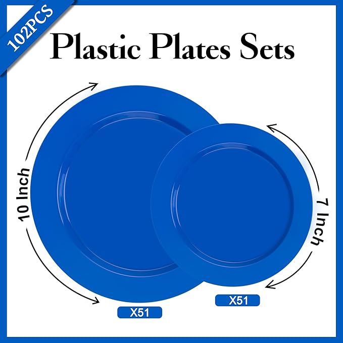 I00000 102 Pcs Blue Plastic Plates, Disposable Party Plates Include 51 Blue Dinner Plate 10’’ and 51 Plastic Dessert Plate 7’’ Perfect for Birthday, Party & Wedding