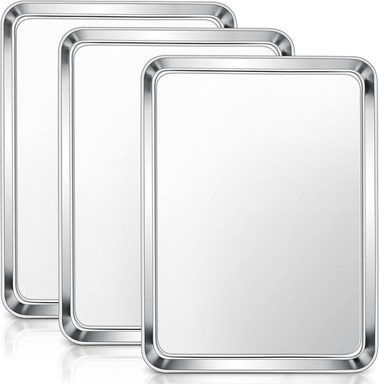 E-far Baking Sheets Set of 3, 16” x12” x 1” Stainless Steel Cookie Sheets Pans for Oven, Non-toxic Metal Trays for Baking Cake Cookie, Healthy & Rust Free, Mirror Finish & Dishwasher Safe