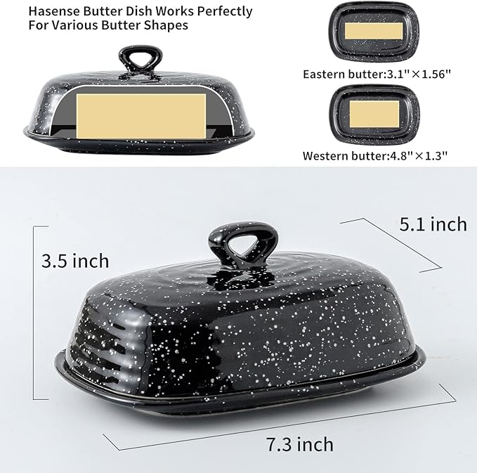 Hasense Butter Dish with Lid, Ceramic Butter Dish with Cover for Countertop, Porcelain Butter Keeper Holder with Handle Design for East West Coast Butter, Butter Tray with Lid for Fridge, Black