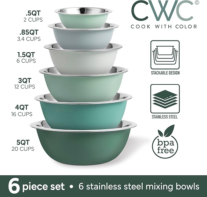 COOK WITH COLOR Stainless Steel Mixing Bowls Set - Nesting Bowls, 6 Pieces, Green