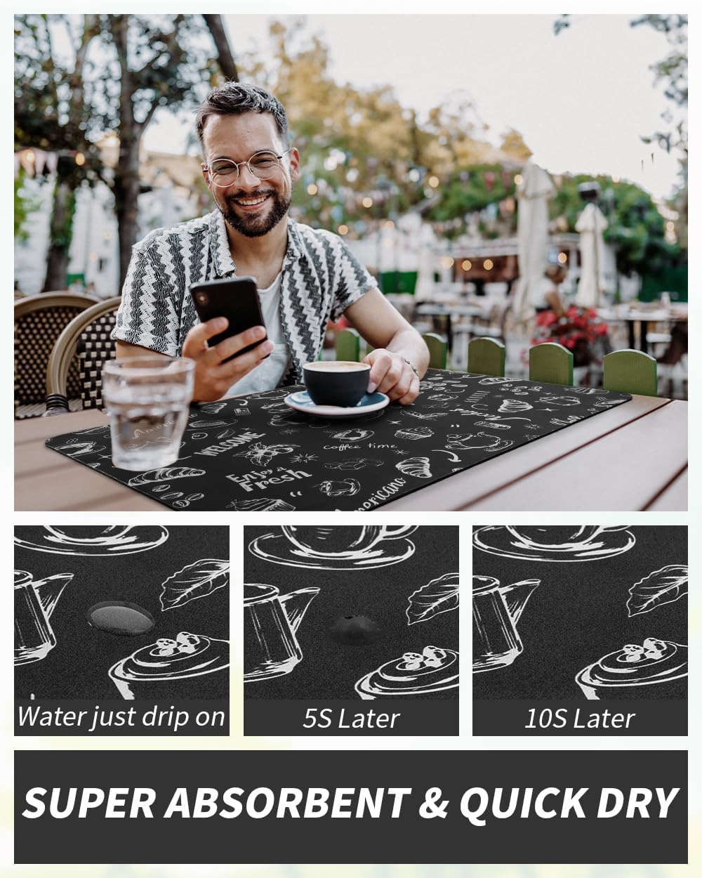 AMOAMI Coffee Mat Hide Stain Rubber Backed Absorbent Dish Drying Mat for Kitchen Counter - Fits Under Coffee Maker & Espresso Machine (12x19,INK)