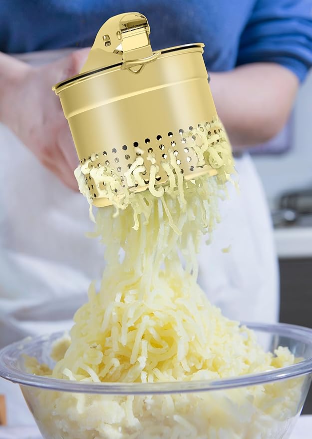 Large 15oz Potato Ricer Masher, Heavy Duty Stainless Steel Potato Masher with Ergonomic Handle, Masher and Ricer Kitchen Tool for Mashed Potatoes, Noodle Maker, Gold