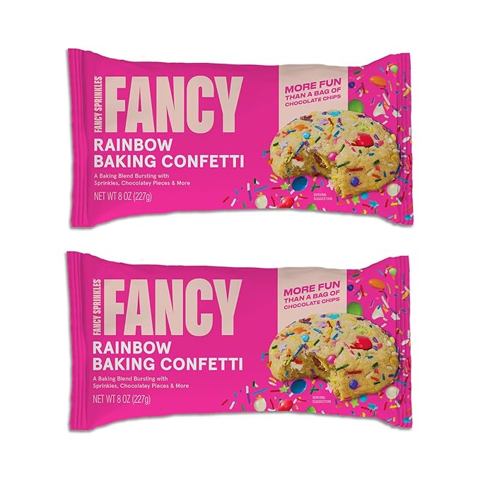 Fancy Sprinkles Rainbow Baking Confetti Sprinkles and Chocolate Pieces, Crunchy Jimmies, Chocolate Gems, Candy-Coated Chocolatey Morsels, Star Confetti Pieces, And White Morsels 8 oz Bag (2 Pack)