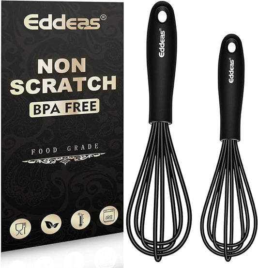 Silicone Mini Whisk, Small whisks Non-Stick Tiny Whisks set of 2（5.5in & 7.5in）-Heat Resistant (450°F) Whisks, Balloon Egg Beater Perfect for Whisking, Beating, Mixing, Blending, Black