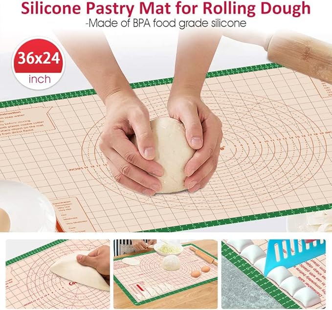 Silicone Pastry Mat 36 x 24 Inch - Larger Silicone Baking Mat for Rolling Dough,Non Slip Dough Sheet with Measurement,Perfect for Making Pie,Pizza(Green)