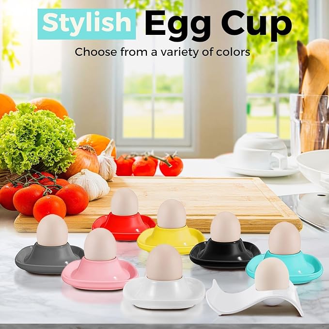 Flexzion Egg Cups for Soft Boiled Eggs - Set of 6 Ceramic Egg Holder - Stackable Egg Coddler Cups with Base for Serving, Breakfast, Brunch - Kitchen Table Decor, Blue
