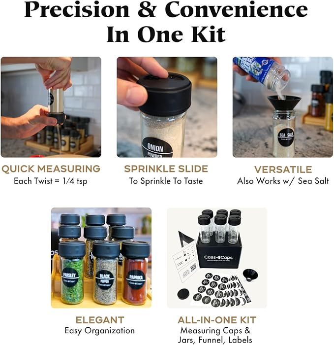 Glass Spice Jars & Measuring Cap Set - Twist to Dispense 1/4 Tsp Per Turn for Precise Cooking - Spice Jars with Lids Keep Kitchen Organized & Tidy - Enjoy Round Spice Jar Without Mess- 6 Pack