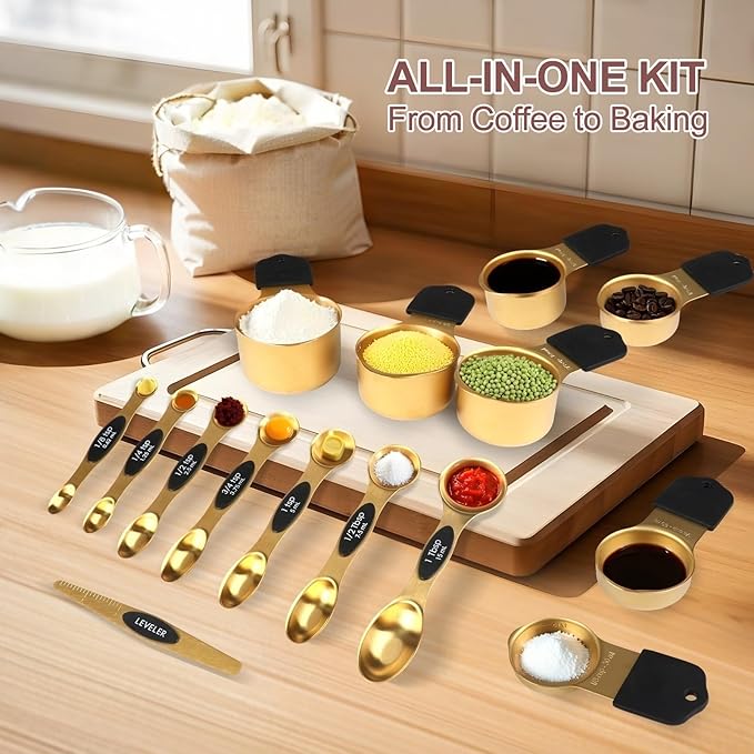 16-Piece Stainless Steel Measuring Cups and Spoons Set, Strong Magnetic Nesting Design 7 Cups 8 Spoons with Leveler, Double Measurement Markings for Dry & Liquid Ingredients, Gold