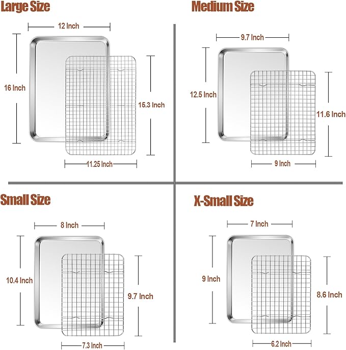 P&P CHEF 16 + 12.5 + 10.4 + 9 Inch Baking Sheet and Rack Set, Stainless Steel Cookie Sheets Oven Baking Pans Trays with Cooling Racks for Cooking & Roasting, Oven & Dishwasher Safe, (8Pcs)