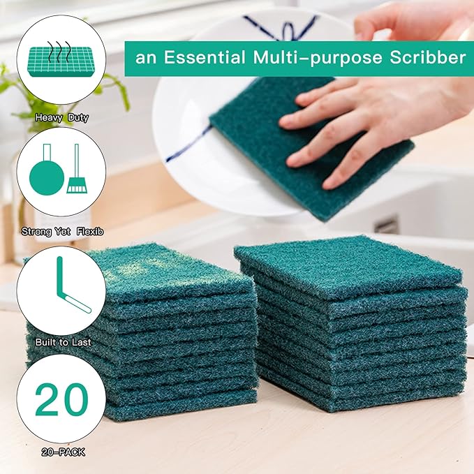 Heavy Duty Scour Pads Sponge Dish Scrubber Non-Scratch Green Reusable Household Scrub Pads for Kitchen and Dish Cleaning Tool (24Pcs)