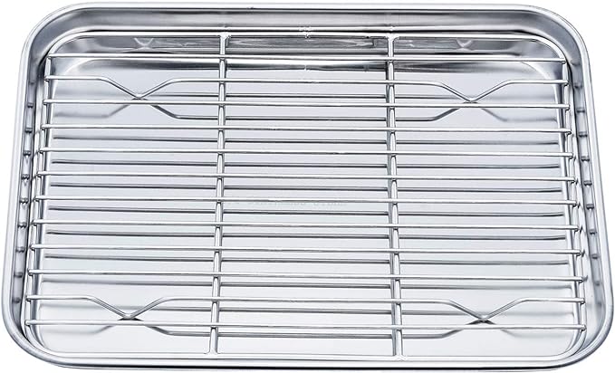 TeamFar Toaster Oven Pan Tray with Cooling Rack, Stainless Steel Toaster Ovenware Pan, Compact 8''x10''x1'', Healthy & Non Toxic, Rust Free & Easy Clean - Dishwasher Safe